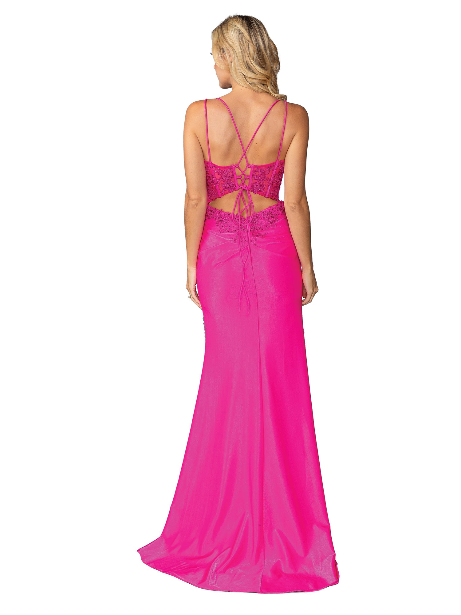 A blonde woman wears the Lace-Up Long Fitted Prom Dress: Dancing Queen 4434, a bright pink fitted gown with thin straps, standing against a white background.